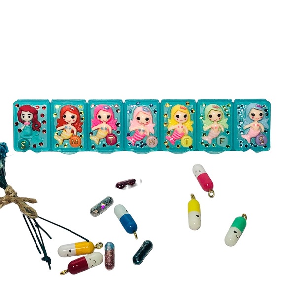 Hand Crafted Accessories - Handmade | Small Cyan Mermaids & Rhinestones Weekly Pill Container/Case